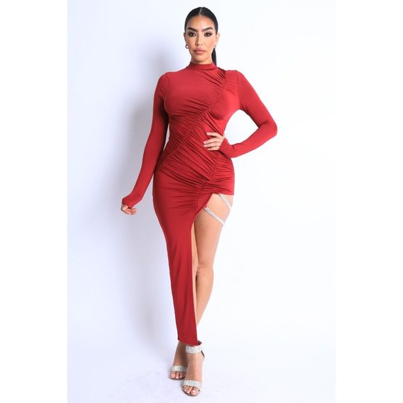 Women Asymmetric Ruched Rhinestones Double Strapped Long sleeve Dress Club Party - Picture 6 of 11